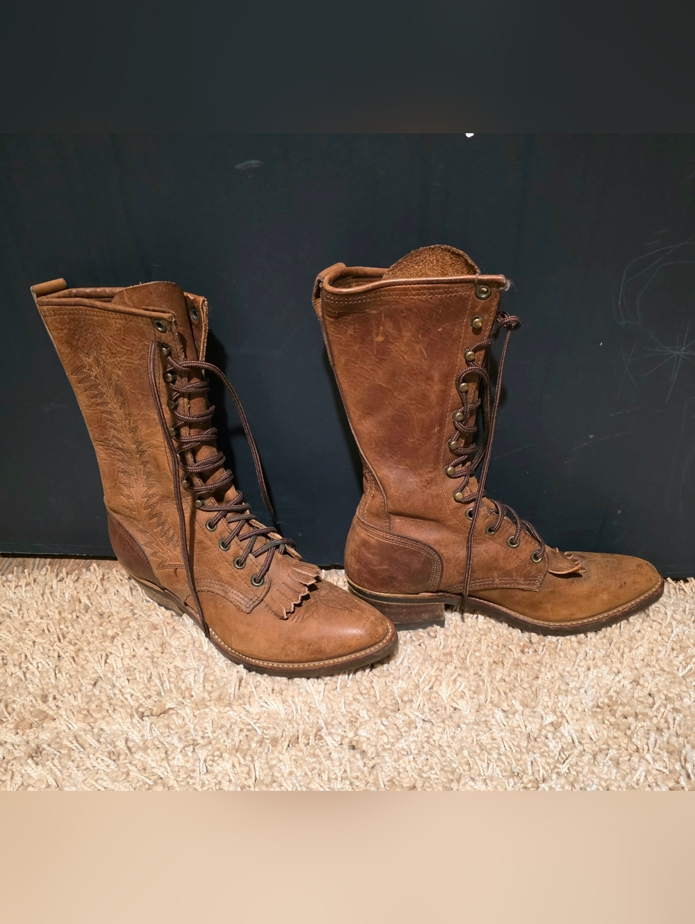 Vintage Abilene Boot Co. Brown Lace-Up Kiltie Leather Boot Prairie Boots Western - Picture 2 of 12